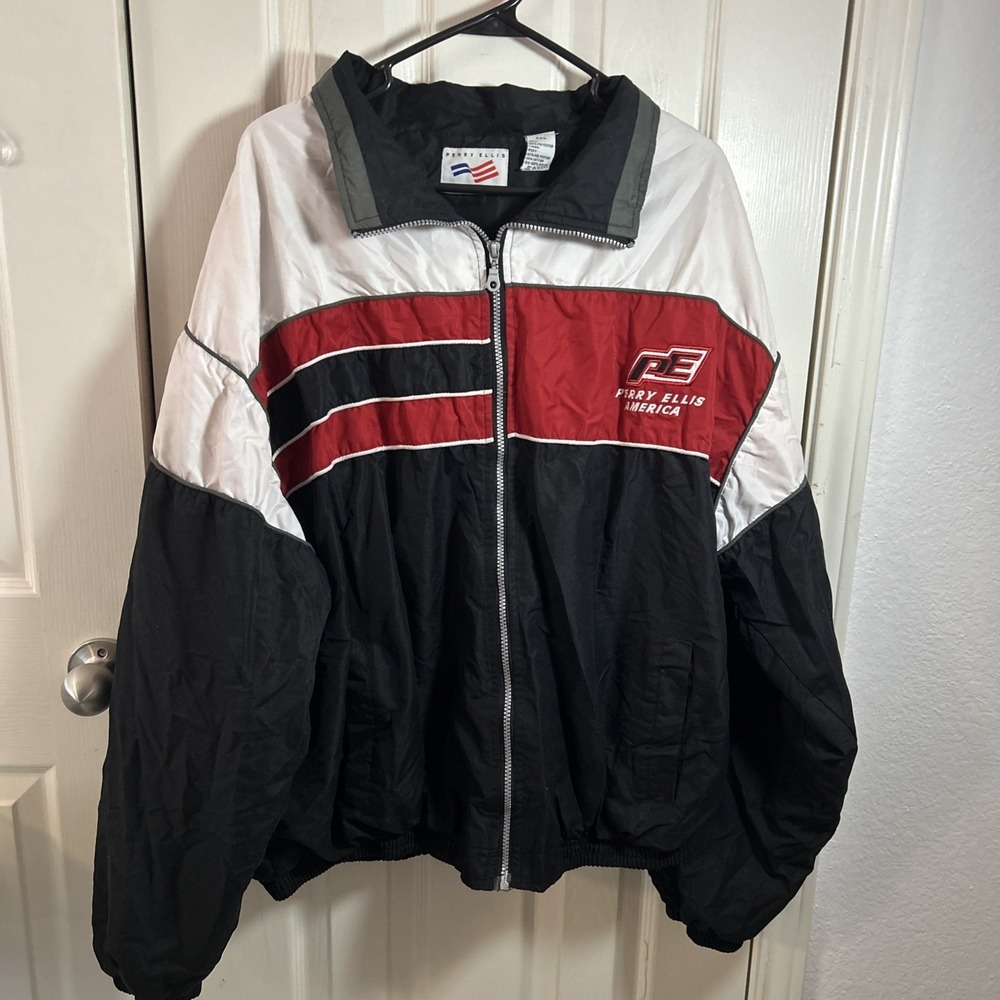 Vtg 90s‎ Perry Ellis Logo Windbreaker Jacket, Lined Dad Full Zip XXL